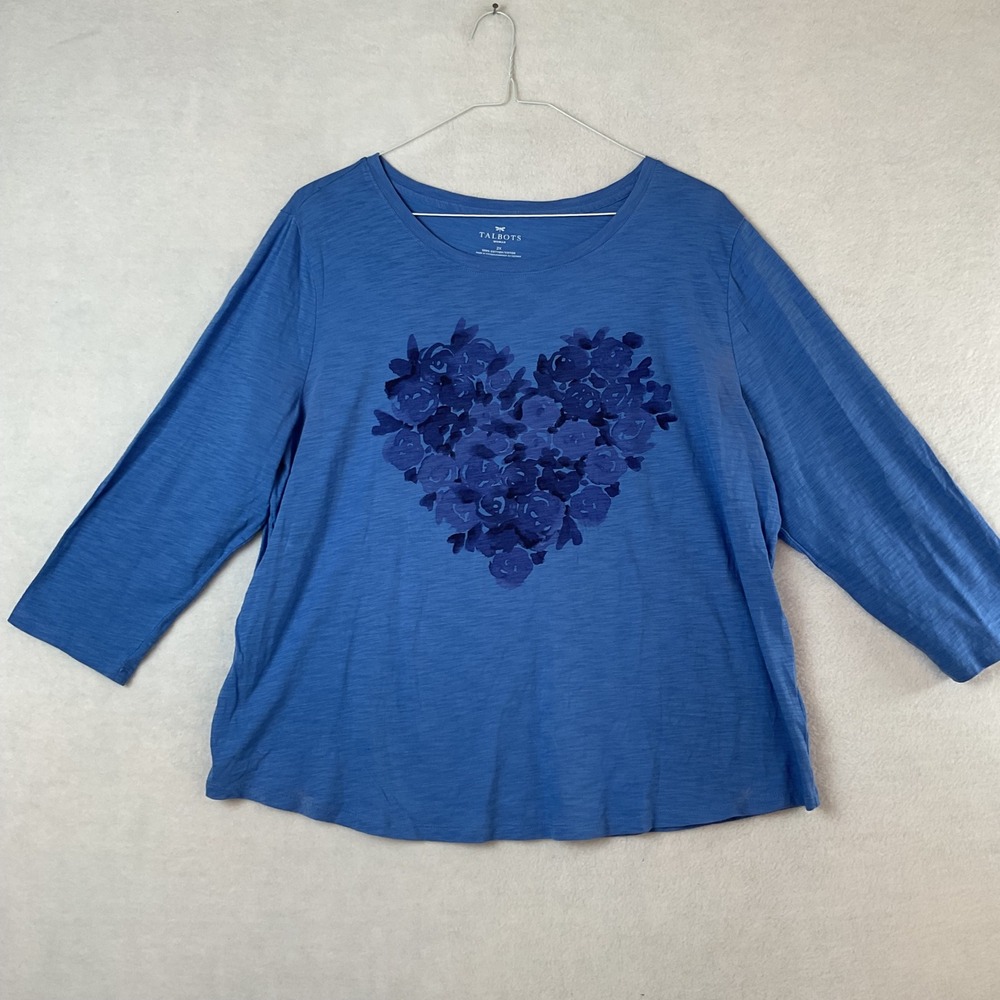 Talbots Woman Blue Slub Cotton Floral Heart Graphic Tee 3/4 Sleeve 2X